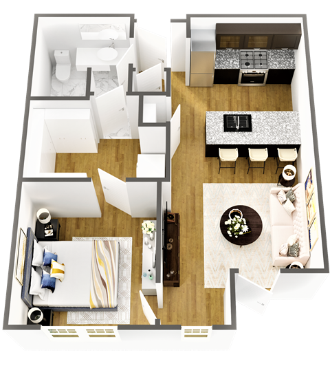 Floor plan for 1 bed, 1 bath, 750 sqft